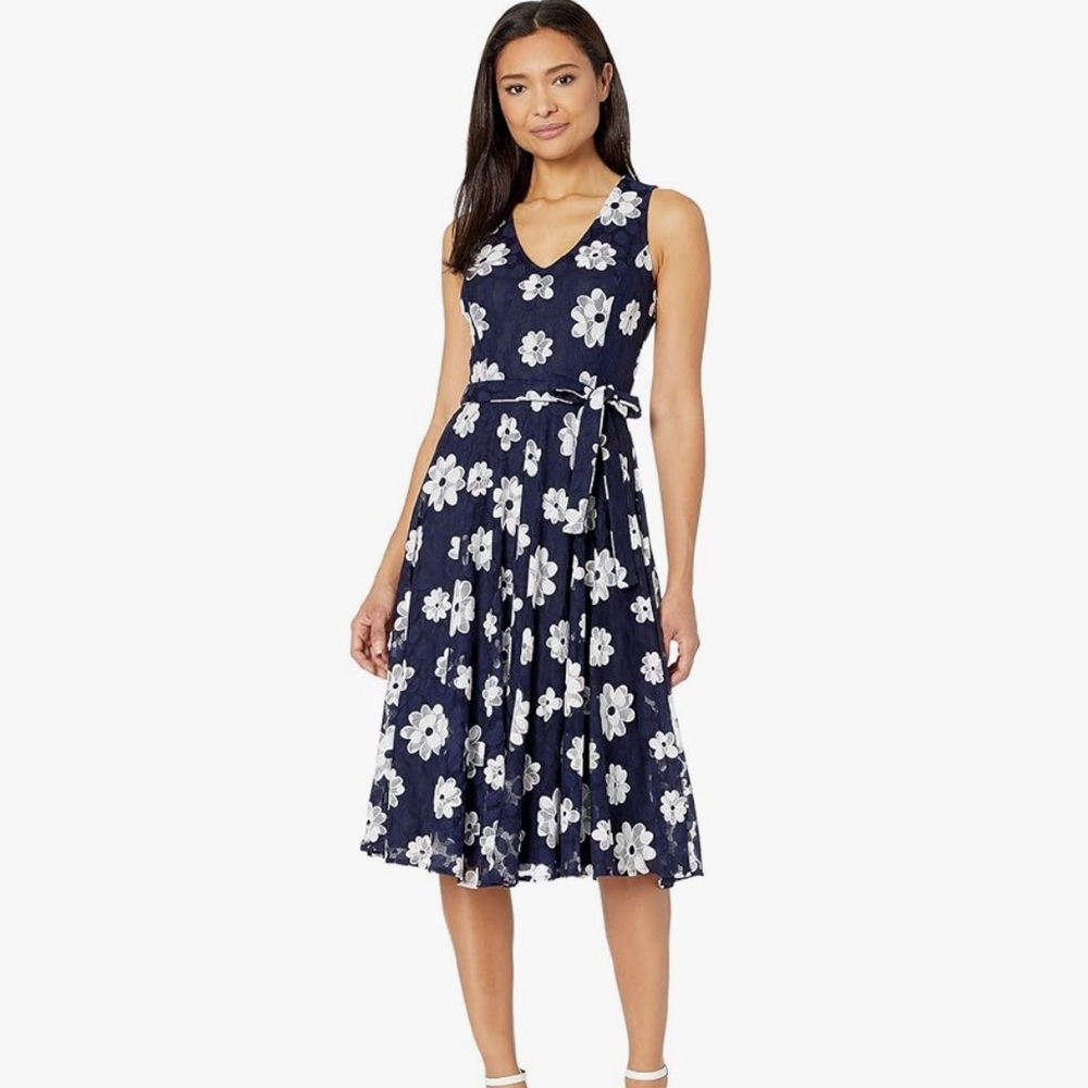 TOMMY HILFIGER Navy Blue White Floral Mesh Sleeveless Dress Size 4